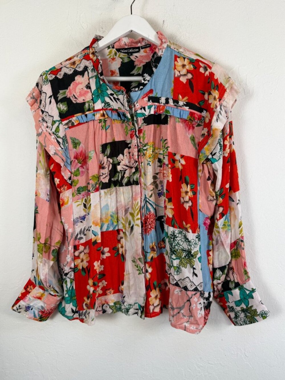 Tolani Collection Floral Patchwork Ruffle Button Down Blouse Medium Long Sleeve